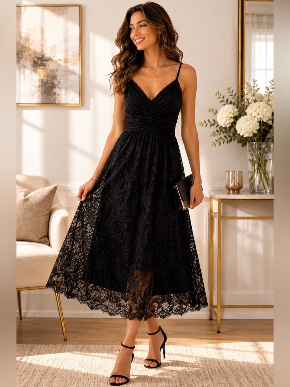 NWT Calvin Klein Black Lace Midi Dress Size 12 Romantic Cocktail Dress